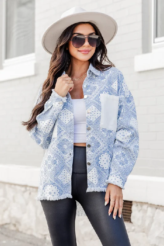 Another Day Ahead Ivory And Blue Paisley Shacket  FINAL SALE