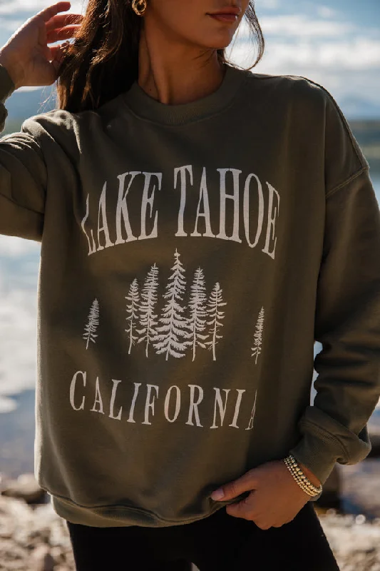 Lake Tahoe Olive Oversized Graphic Sweatshirt