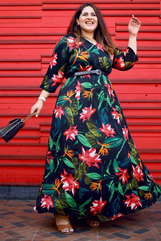 Plus Size Black Tropical Print Maxi Dress