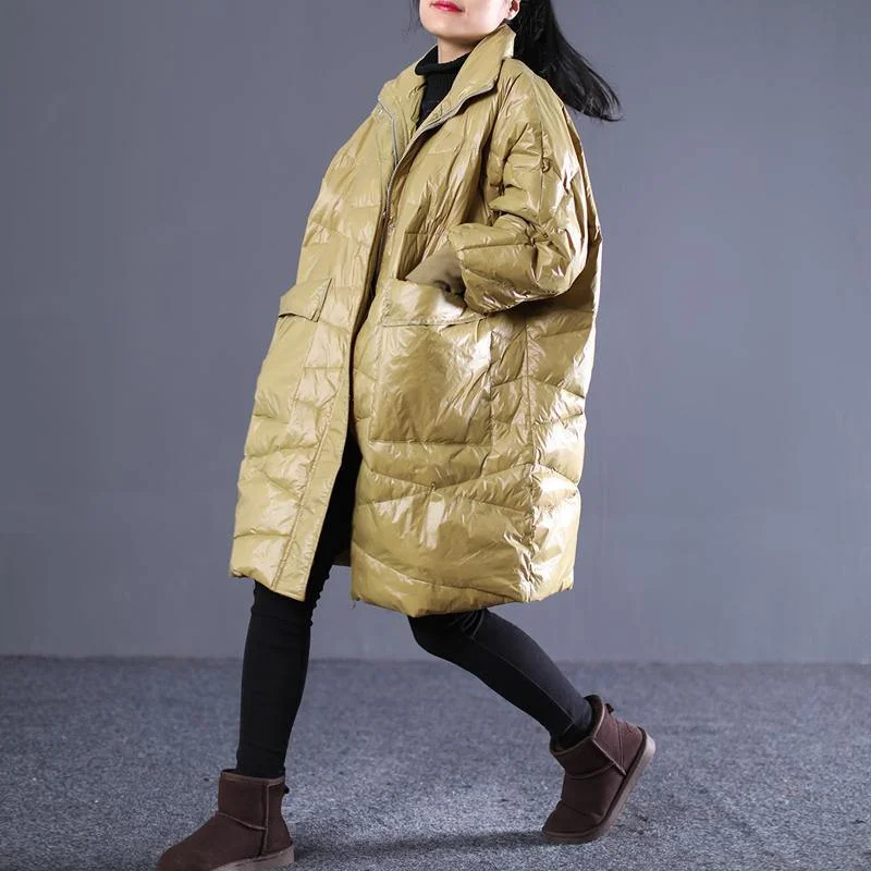 2018 yellow down overcoat plus size stand collar down overcoat thick pockets trench coat