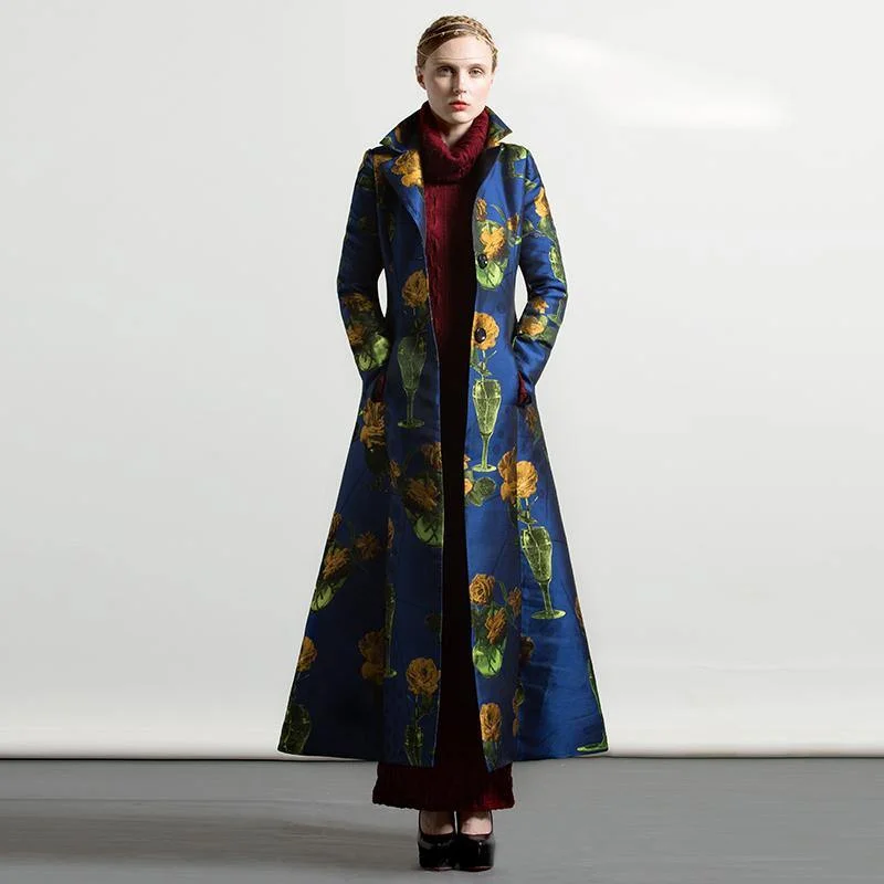 autumn winter cotton blended long coats blue floral thick large hem maxi trench coat