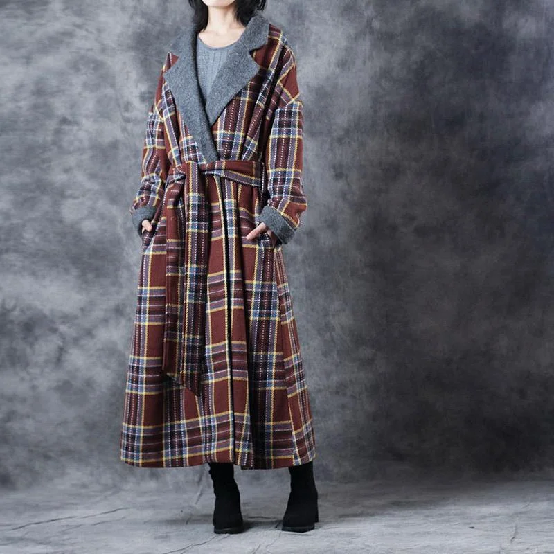 New Chocolate Plaid Coats Loose Fitting Notched Winter Coat Fashion Tie Waist Double Breasted Trench Coat