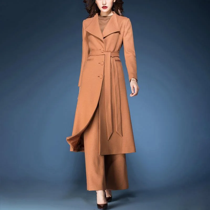 new winter fashoion two pieces woolen blended tie waist trench coats and side open wide leg pants