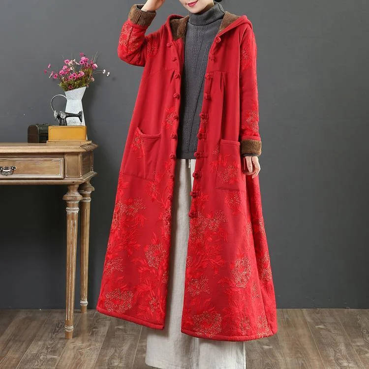 Women embroidery Fine hooded trench coat red short outwears