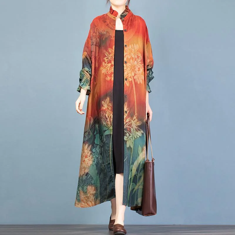 Women stand collar Button Down Plus Size spring trench coat red print Vestidos De Lino coat