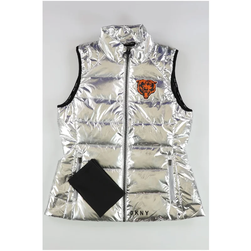 DKNY Womens NFL Bears Puffer Vest, Metallic, Small